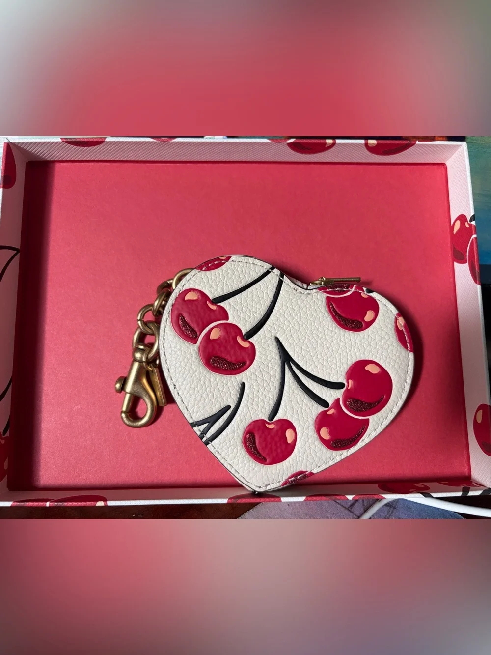 Coach Heart Key & Card Holder - White with Red Cherries